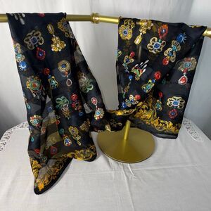 Vintage Italian Baroque Jewel Print Sheer Scarf Black Gold Medallion Pattern | M